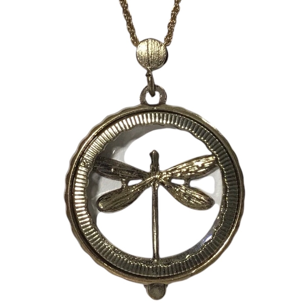 Dragonfly Magnifying Necklace Gold Tone Glass